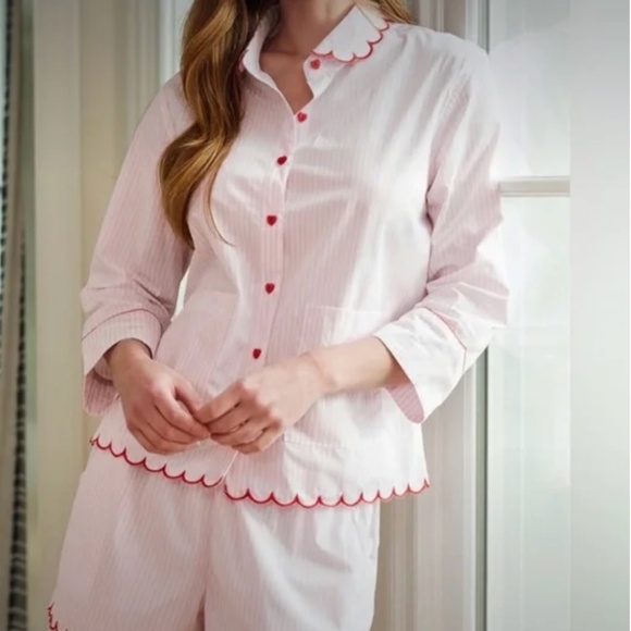 LAKE Other - LAKE pajamas Medium M pink striped pj top red piping heart buttons